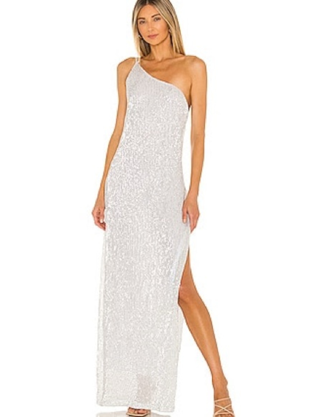 REVOLVE One-Shoulder White/Silver Sequin Maxi Dress/Gown